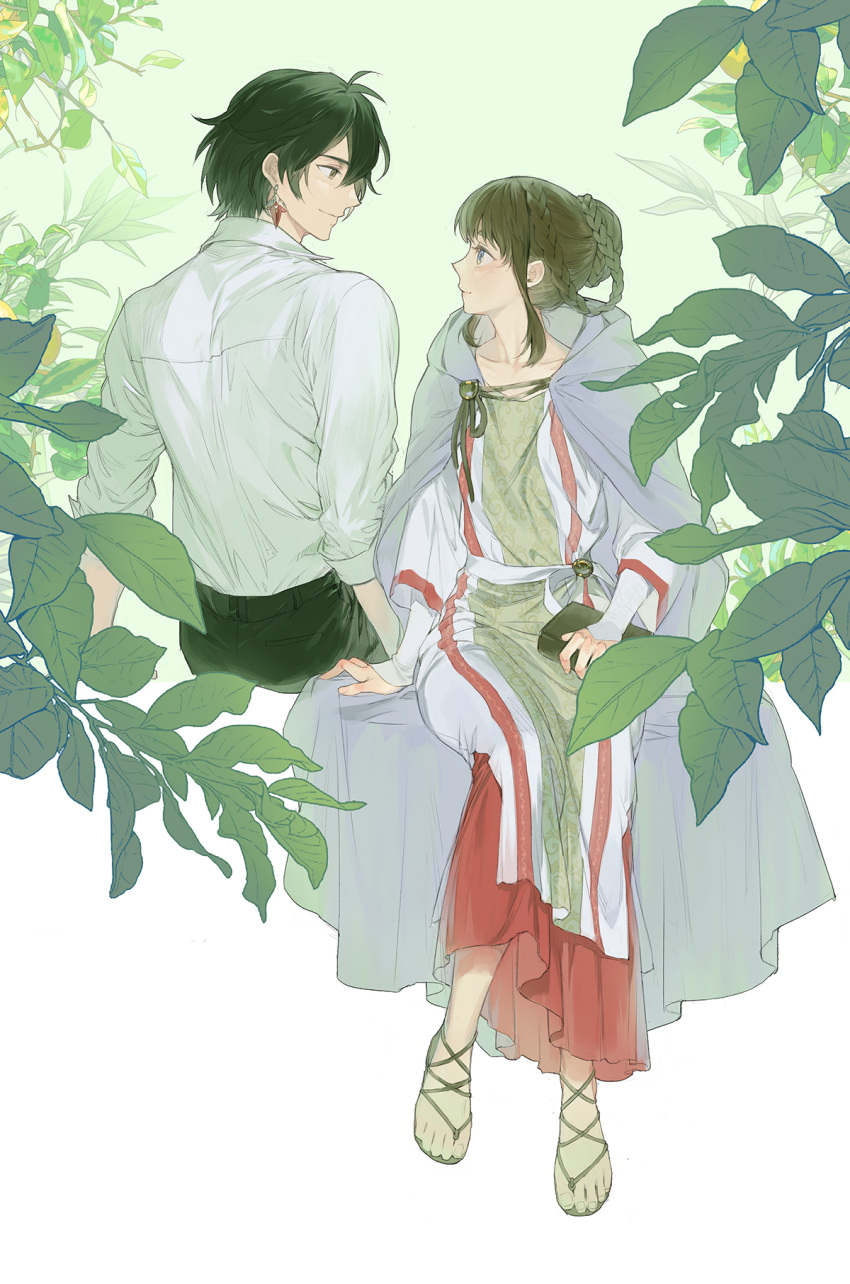 1boy, 1girl, black_hair, black_pants, blue_eyes, book, braid, braided_hair_rings