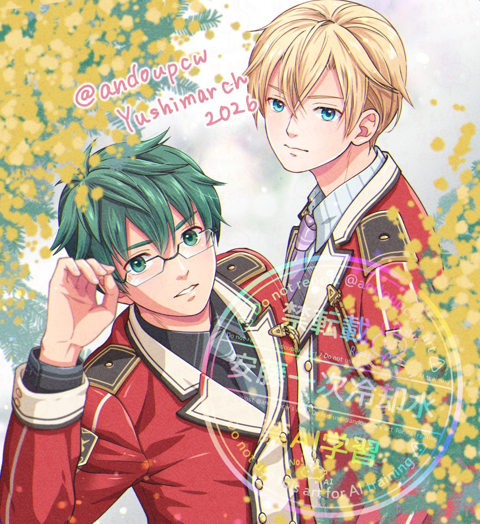 2boys, adjusting_eyewear, andoupcw, artist_name, blonde_hair, blue_eyes, blue_necktie, closed_mouth