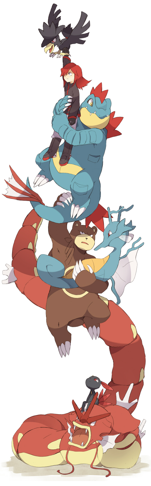 1boy, carrying, fangs, feraligatr, flying, gyarados, highres, kingdra