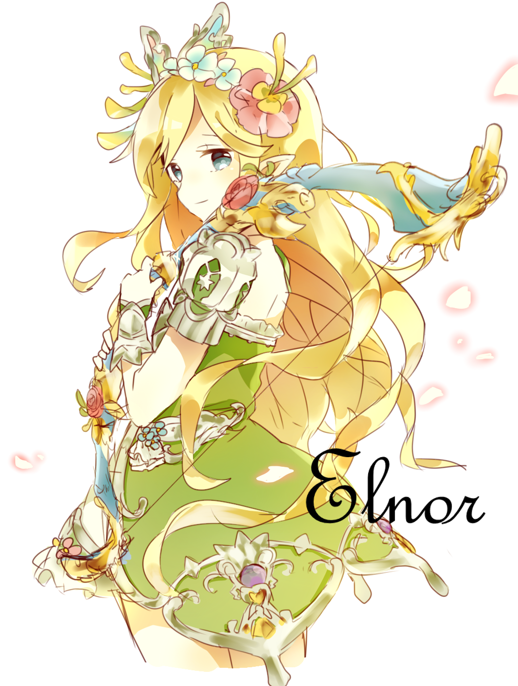 1girl, armor, armored_dress, az_9649, back, blonde_hair, bow_(weapon), character_name