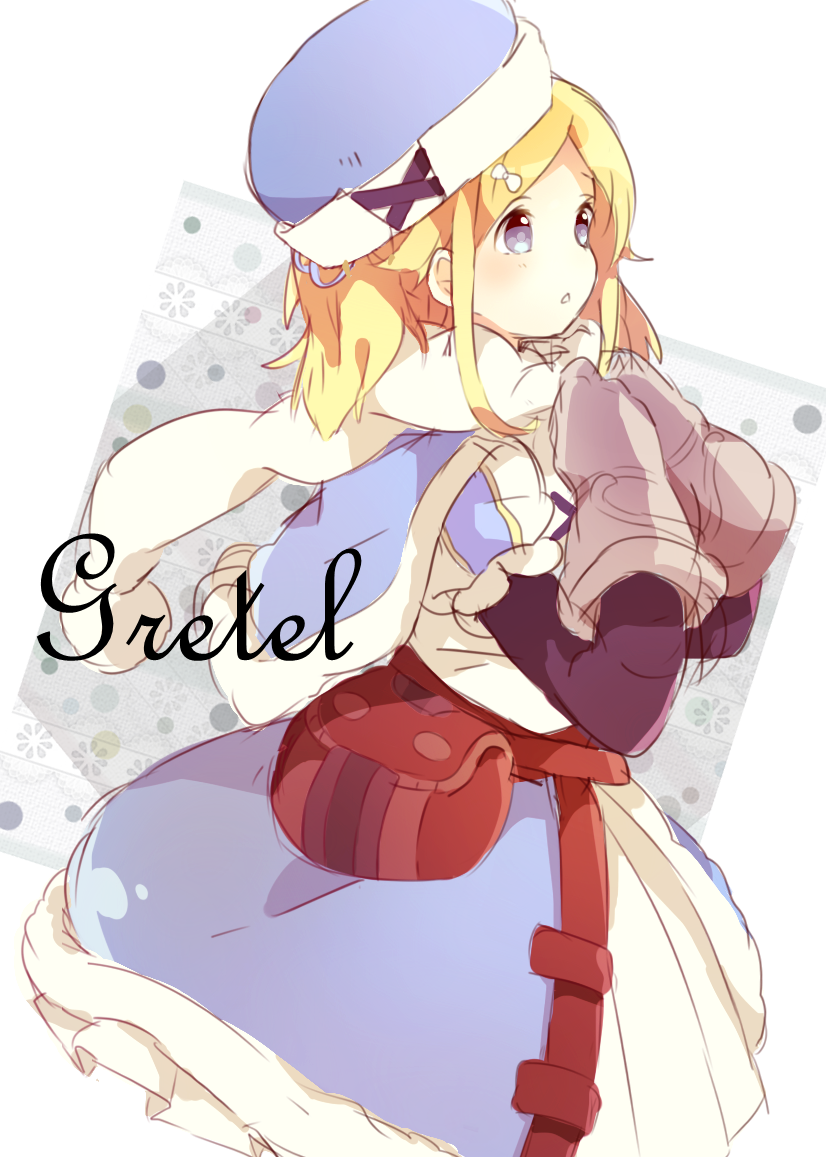 1girl, az_9649, bag, blonde_hair, blue_capelet, blue_eyes, blue_hat, bow