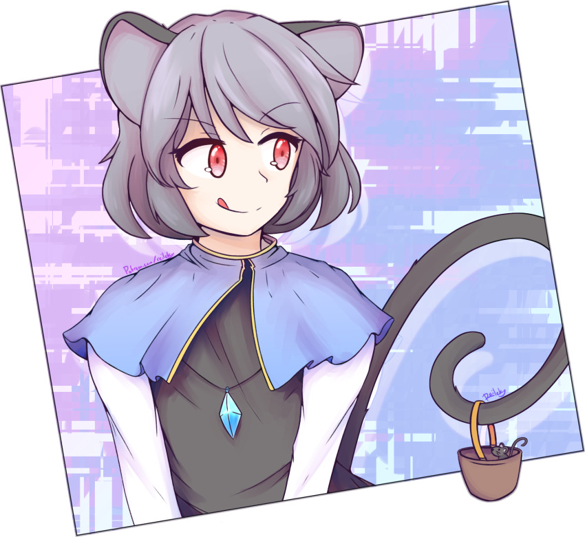 1girl, :q, abstract_background, animal_ears, artist_name, basket, blue_background, blue_capelet