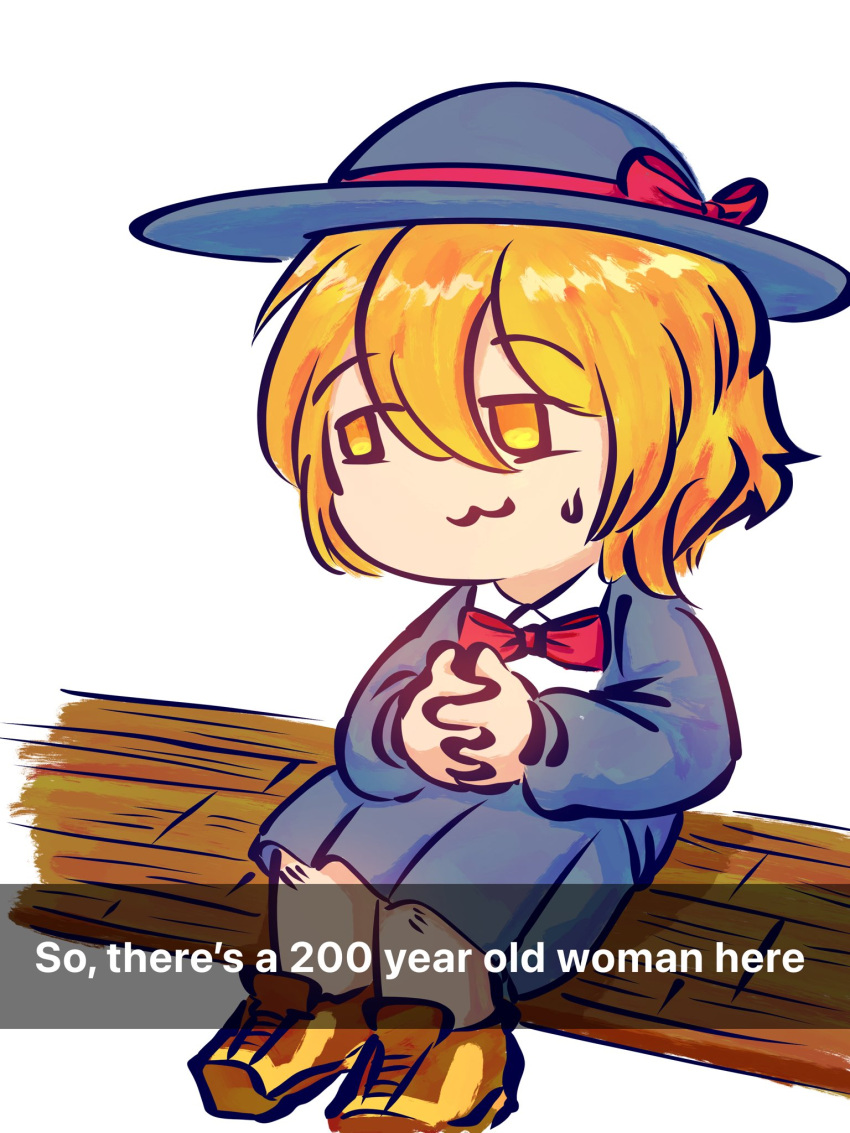 1girl, aged_down, black_hat, blonde_hair, don_quixote_(project_moon), full_body, hat, hat_ribbon, highres, interlocked_fingers, limbus_company, momka_art, project_moon, red_ribbon, ribbon, school_uniform, short_hair, simple_background, sitting, sweat, white_background