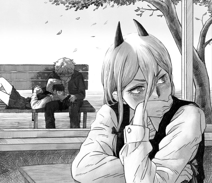black_coat, black_dress, blush, chainsaw_man, closed_mouth, coat, commentary_request, couple, covering_own_mouth, cross_in_eye, demon_girl, demon_horns, denji_(chainsaw_man), dress, elbow_rest, falling_leaves, feet_out_of_frame, greyscale, hair_between_eyes, hand_on_another's_face, hand_over_own_mouth, horns, indoors, jealous, kkyong155426, lap_pillow, leaf, long_hair, long_sleeves, looking_to_the_side, lying, monochrome, nose_blush, on_back, power_(chainsaw_man), reze_(chainsaw_man), shirt, short_hair, sitting, tree, turning_head, upper_body, white_background, white_hair, white_shirt, window