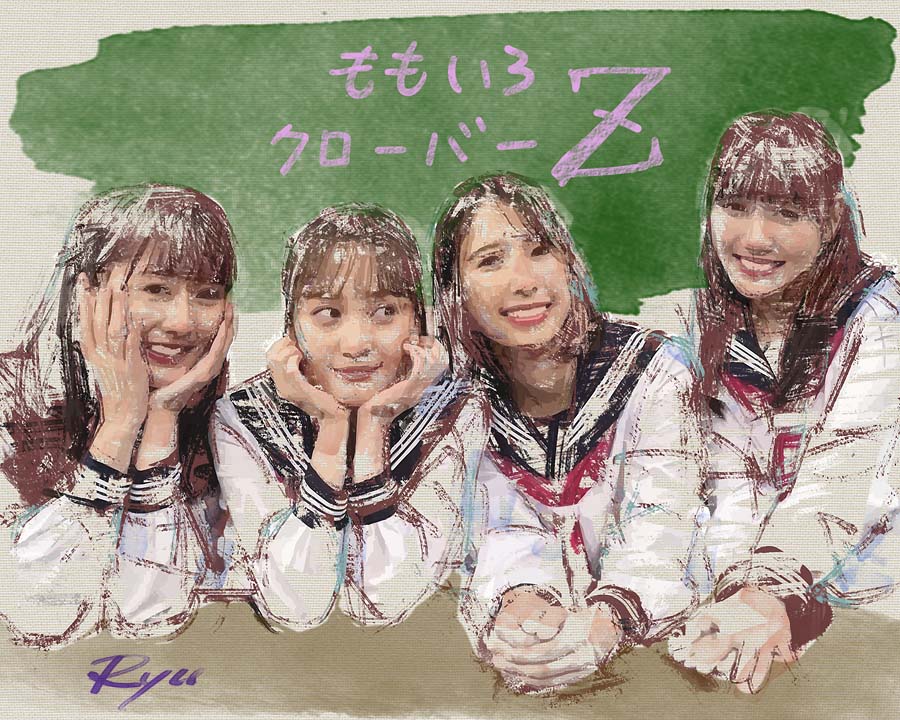 4girls, artist_name, black_sailor_collar, brown_hair, closed_mouth, commentary_request, east_asian, grin