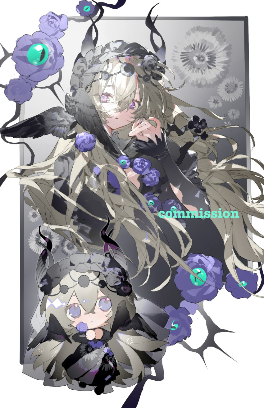 1girl, absurdres, blonde_hair, chibi, chibi_inset, demon_wings, eyeball, feathered_wings