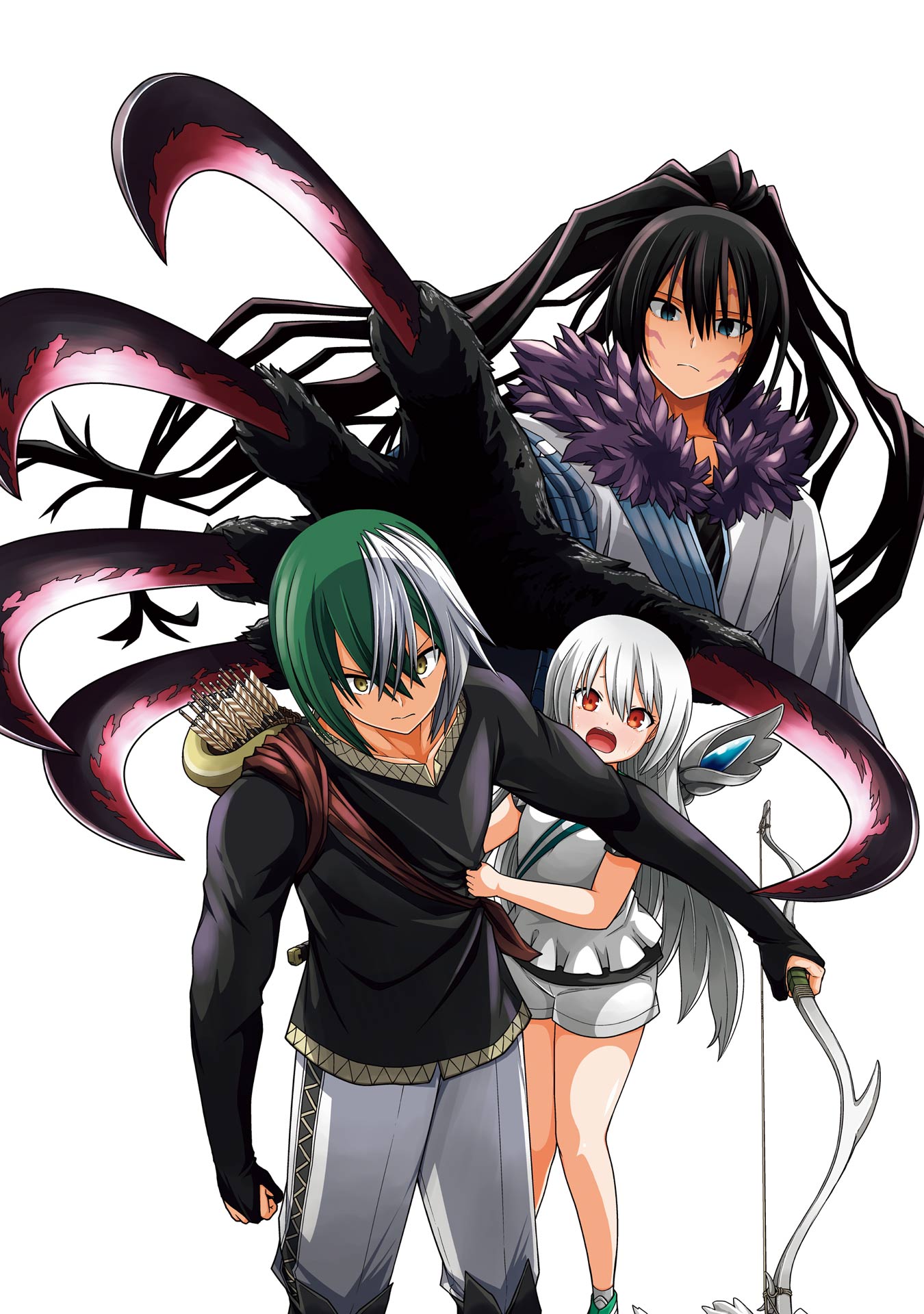 1girl, 2boys, animal_hands, aqua_boots, arrow_(projectile), black_hair, black_shirt, blue_eyes