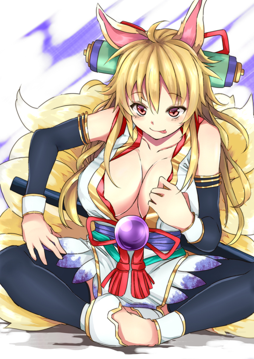 :p, animal_ears, bare_shoulders, blonde_hair, breasts, cleavage, detached_sleeves, fox_ears