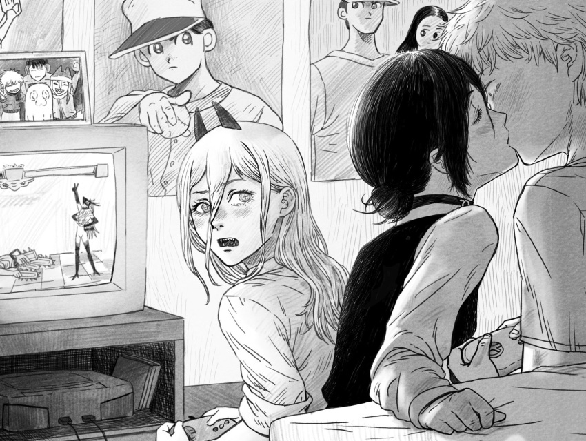 1boy, 2girls, black_choker, chainsaw_man, choker, closed_eyes, commentary, controller, cross-shaped_pupils, crosshatching, denji_(chainsaw_man), game_controller, grenade_pin, greyscale, hatching_(texture), hayakawa_aki, highres, holding, holding_controller, holding_game_controller, horns, kiss, kkyong155426, long_hair, monochrome, multiple_girls, pochita_(chainsaw_man), power_(chainsaw_man), reze_(chainsaw_man), sharp_teeth, short_hair, symbol-shaped_pupils, teeth