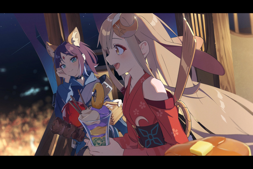 2girls, animal_ears, auklet5580, bare_shoulders, black_choker, black_hair, blonde_hair, blue_hair, blue_hoodie, butter, cho_kaguya-hime!, choker, commentary, crescent_cutout, food, forehead_jewel, fox_ears, green_eyes, head_rest, highres, holding, holding_food, holding_skewer, hood, hoodie, kaguya_(cho_kaguya-hime!), long_hair, long_sleeves, lop_rabbit_ears, multicolored_hair, multiple_girls, night, open_mouth, pancake, parfait, rabbit_ears, sakayori_iroha, short_hair, skewer, smile, star_(sky), syrup, two-tone_hair, untranslatable_commentary