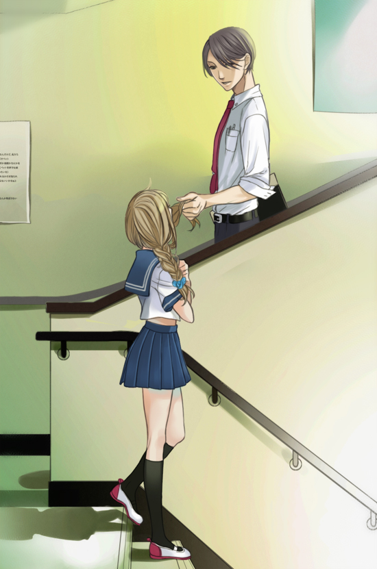 1girl, black_hair, black_legwear, braid, brown_hair, hair_grab, hands_on_own_chest, hands_to_chest, kneehighs, long_hair, looking_up, necktie, okeya_(ol23), original, school_uniform, serafuku, shadow, shoes, short_hair, stairs, teacher, twin_braids, uwabaki