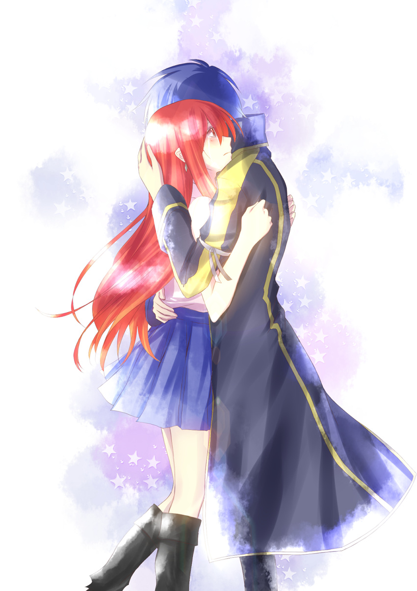 1girl, blue_hair, boots, couple, erza_scarlet, fairy_tail, highres, hug