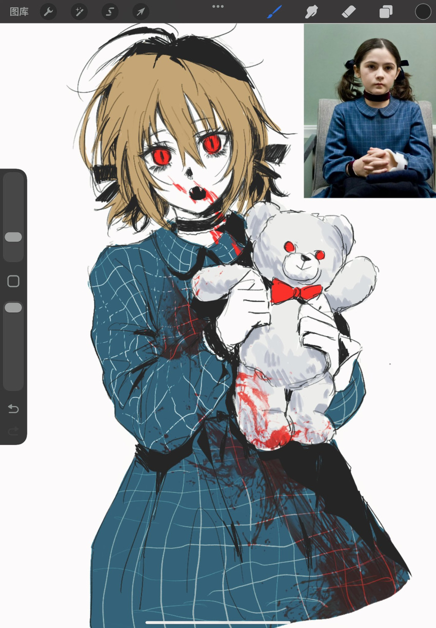 1girl, blonde_hair, blood, blood_on_clothes, blood_on_face, blue_dress, bow, bowtie