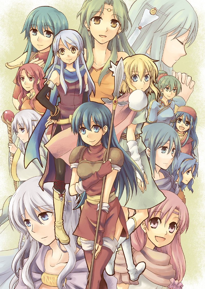 blonde_hair, blue_eyes, boots, celica_(fire_emblem), character_request, closed_eyes, diadora, earrings, eirika, elbow_gloves, elincia_ridell_crimea, ethlin, fingerless_gloves, fire_emblem, fire_emblem:_akatsuki_no_megami, fire_emblem:_mystery_of_the_emblem, fire_emblem:_rekka_no_ken, fire_emblem:_seima_no_kouseki, fire_emblem:_seisen_no_keifu, fire_emblem_fuuin_no_tsurugi, fire_emblem_thracia_776, green_eyes, hair_ornament, jewelry, lance, lilina, long_hair, lyndis_(fire_emblem), micaiah, multiple_girls, nanna_(fire_emblem), ninian, open_mouth, pink_eyes, pink_hair, ponytail, red_eyes, redhead, serina_ranshi, sheeda, short_hair, smile, staff, yellow_eyes, yuria_(fire_emblem)
