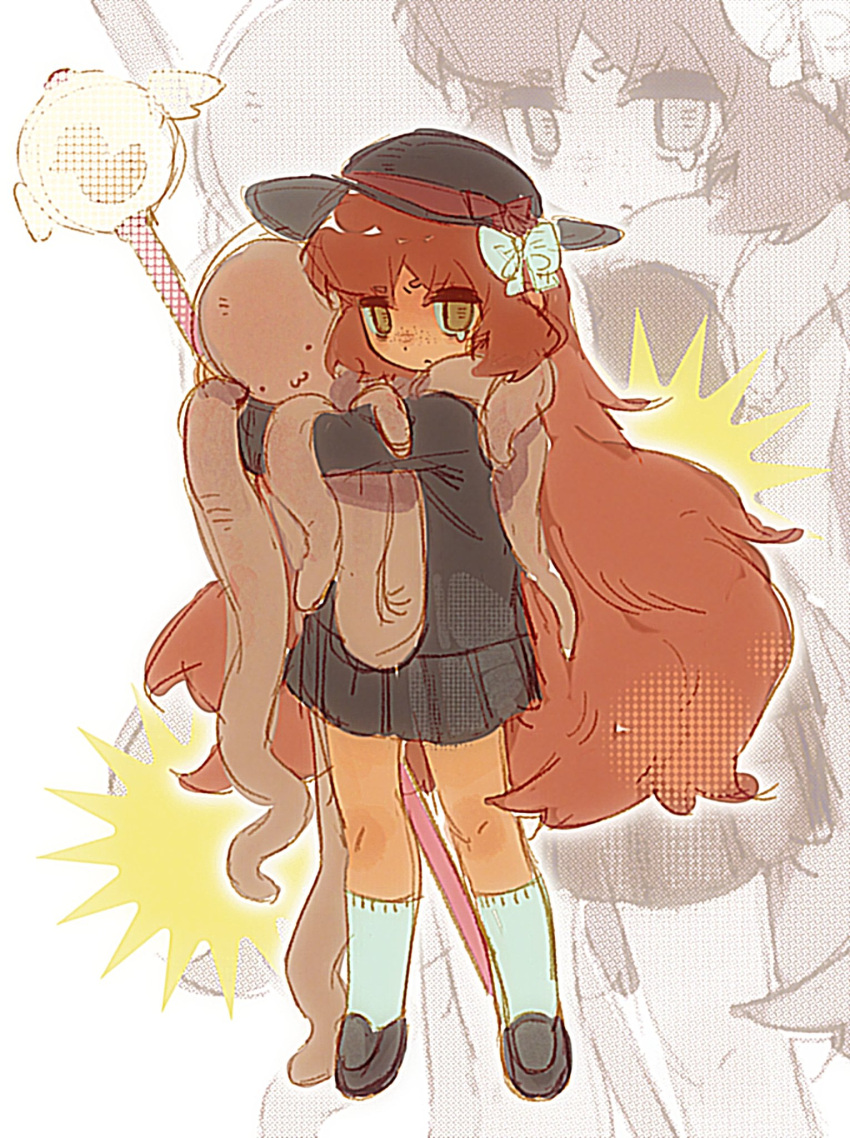1girl, aged_down, black_jacket, black_skirt, bow, brown_shoes, commentary, green_eyes