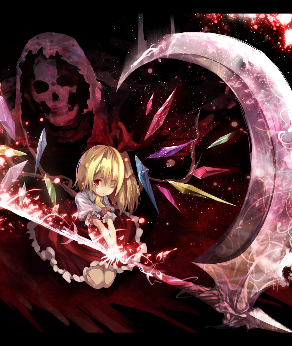 afraco, blonde_hair, death_(entity), flandre_scarlet, grim_reaper, hair_ribbon, letterboxed, looking_at_viewer