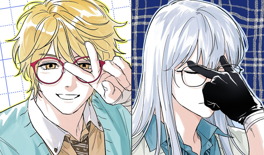 2boys, adjusting_eyewear, alternate_costume, bandaged_wrist, bandages, bespectacled, black-framed_eyewear, black_gloves