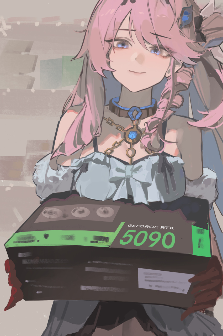1girl, absurdres, bare_shoulders, blue_eyes, box, breasts, chinese_commentary, closed_mouth, commentary_request, denia_(wuthering_waves), dress, geforce_rtx_5090, gloves, highres, holding, holding_box, ian46166491, long_hair, looking_at_viewer, medium_breasts, pink_hair, red_gloves, smile, solo, white_dress, wuthering_waves