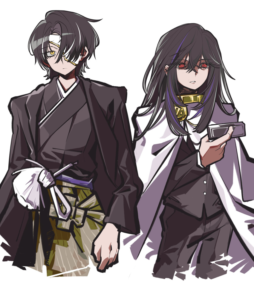 1boy, 1girl, absurdres, black_jacket, black_kimono, black_pants, cape, cowboy_shot