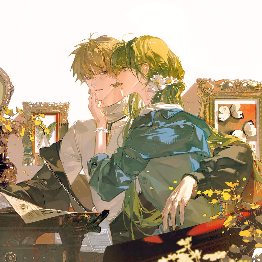 1boy, 1other, androgynous, biting_earring, blonde_hair, blush, bracelet, earrings