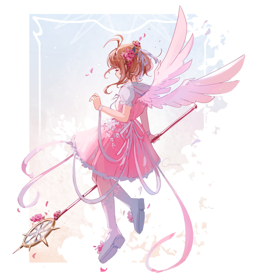 1girl, absurdres, angel_wings, antenna_hair, artist_name, brown_hair, cardcaptor_sakura, ceresria
