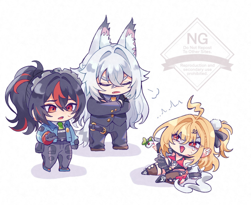 1boy, 2girls, ahoge, animal_ear_fluff, animal_ears, black_hair, black_jacket, black_pants