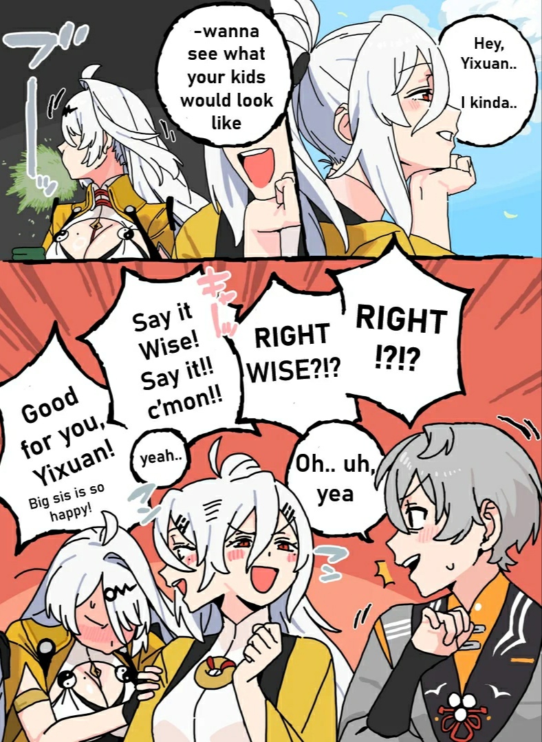 1boy, blush, long_hair, multiple_girls, short_hair, siblings, sisters, wise_(zenless_zone_zero)