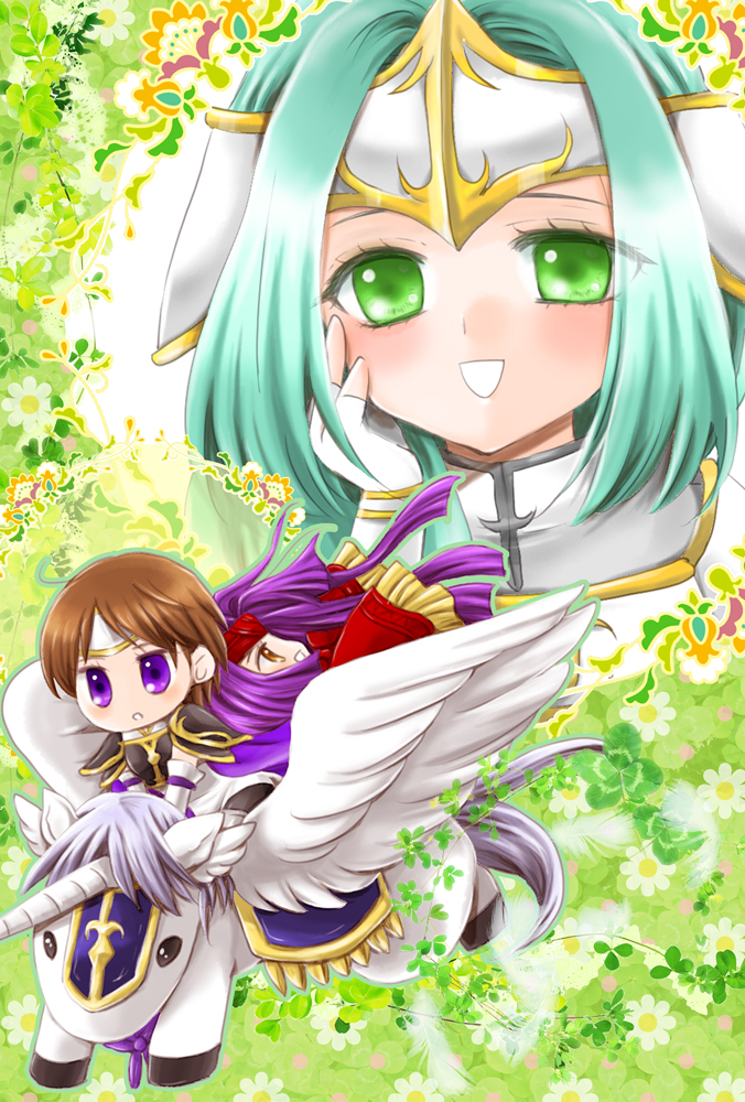 3girls, brown_hair, fire_emblem, fire_emblem:_souen_no_kiseki, green_eyes, headband, long_hair, pegasus