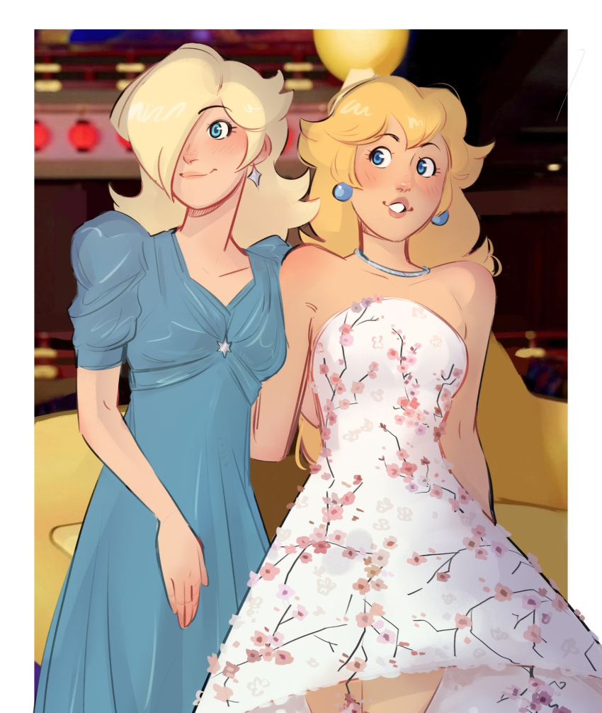 2girls, anya_taylor-joy, anya_taylor-joy_(cosplay), bare_shoulders, blue_dress, blush, breasts, brie_larson