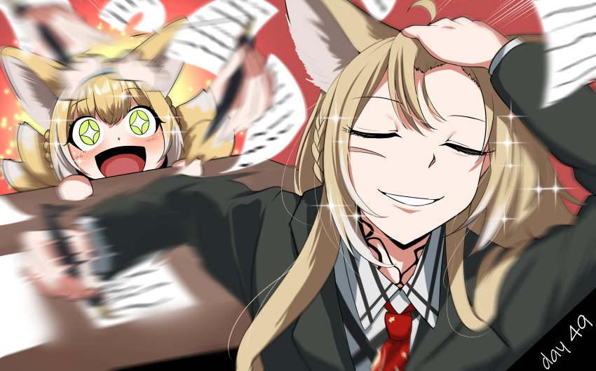 +_+, 2girls, :d, animal_ear_fluff, animal_ears, ankodaihuku, arknights, black_jacket, blonde_hair, closed_eyes, collared_shirt, colored_tips, commentary_request, fox_ears, fox_girl, fox_tail, green_eyes, grin, highres, jacket, kitsune, kyuubi, long_hair, long_sleeves, meme, mother_and_child, mother_and_daughter, multicolored_hair, multiple_girls, multiple_tails, naoya_hitting_choso_without_looking_(meme), necktie, open_mouth, parent_and_child, parted_lips, red_necktie, shirt, smile, suzuran_(arknights), tail, two-tone_hair, vulpisfoglia_(arknights), white_hair, white_shirt