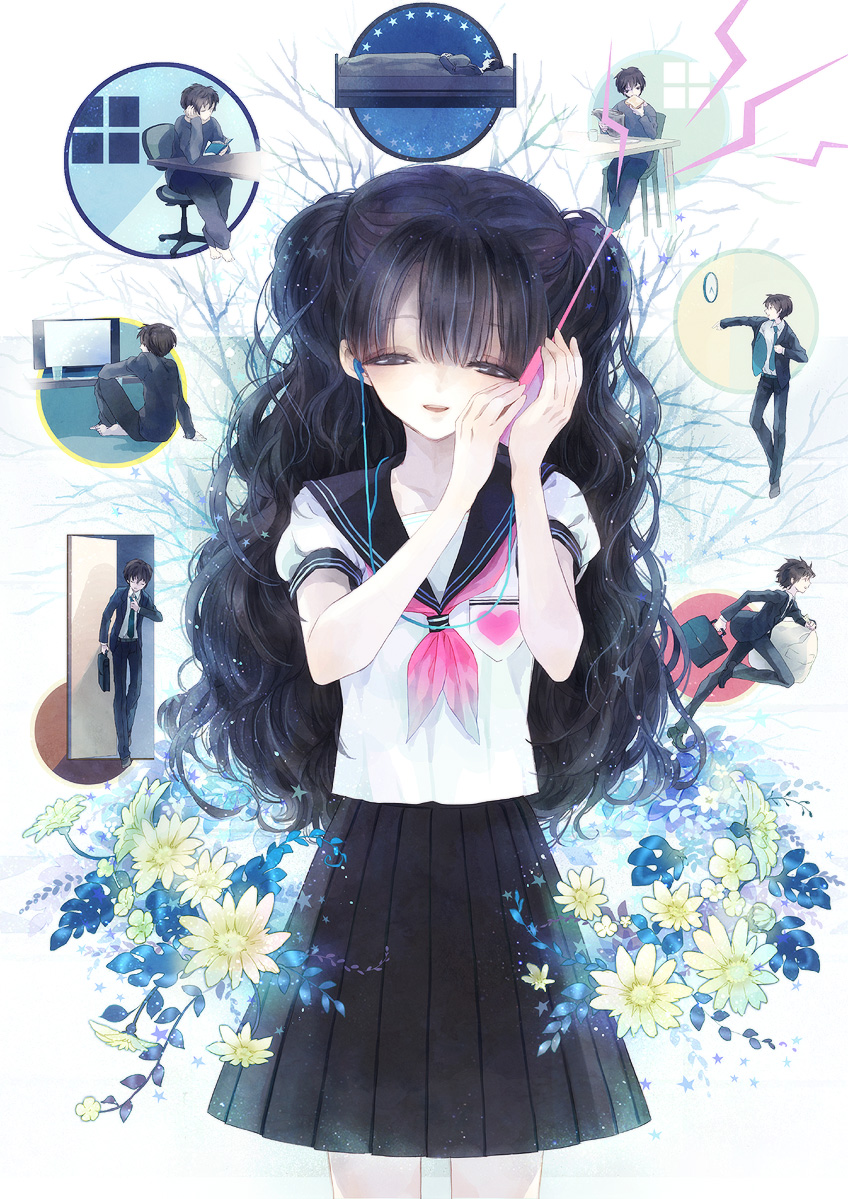 black_hair, cellphone, clock, earphones, flower, goni_hane, heart, long_hair, original, phone, school_uniform, serafuku, star, television