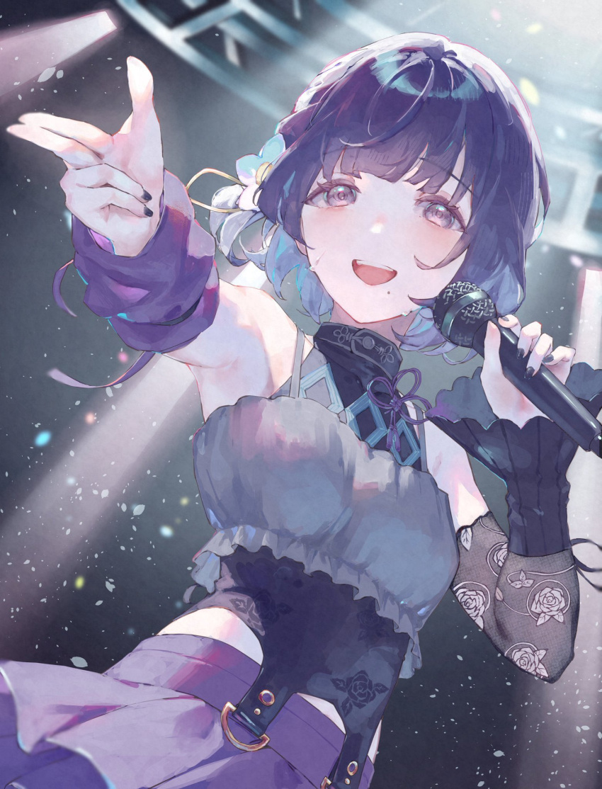 1girl, bare_shoulders, breasts, commentary_request, finger_gun, flower, frilled_skirt, frills, gakuen_idolmaster, grey_eyes, hair_flower, hair_ornament, hataya_misuzu, highres, holding, holding_microphone, idolmaster, medium_breasts, microphone, mitsuki_(micky_m1212), mole, mole_under_mouth, music, outstretched_arm, purple_hair, purple_skirt, short_hair, singing, skirt, solo, white_flower