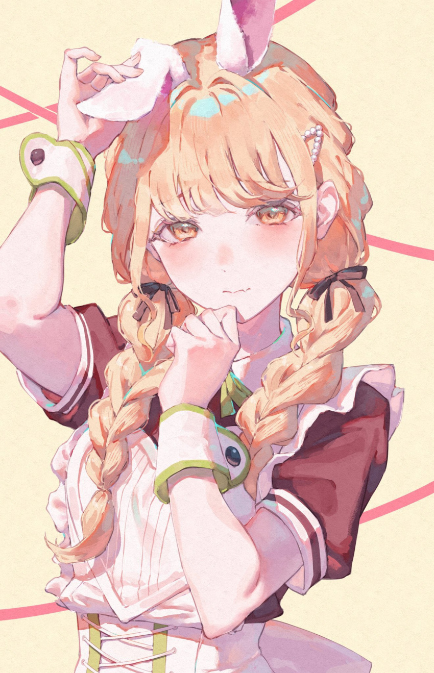 1girl, animal_ears, apron, black_ribbon, blonde_hair, braid, brown_dress, commentary_request, dress, frilled_apron, frills, fujita_kotone, gakuen_idolmaster, hair_ribbon, highres, holding_own_ears, idolmaster, long_hair, looking_at_viewer, low_twin_braids, maid_apron, mitsuki_(micky_m1212), rabbit_ears, ribbon, solo, twin_braids, upper_body, white_apron, yellow_background, yellow_eyes