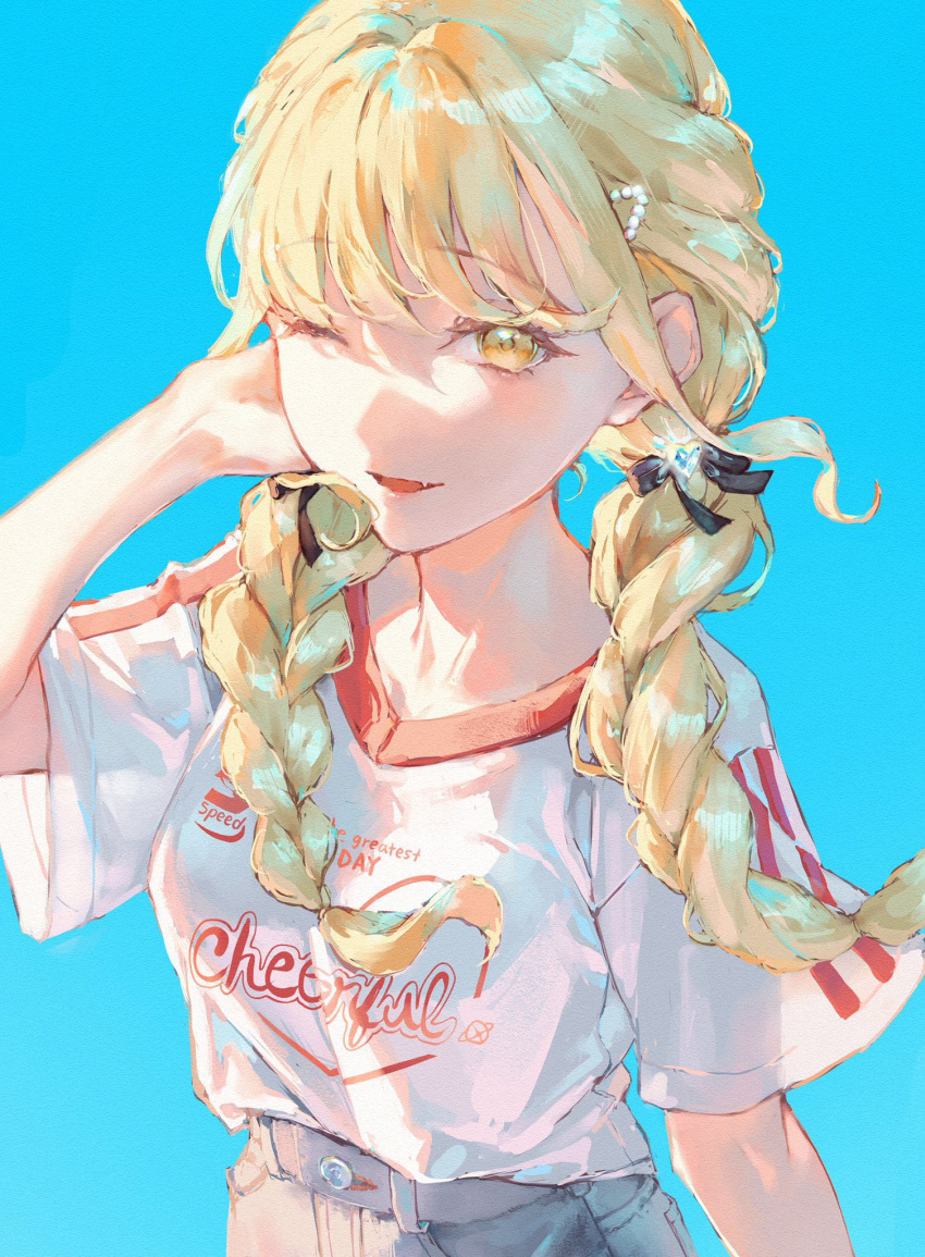1girl, arm_up, black_ribbon, blonde_hair, braid, breasts, clothes_writing, collarbone, commentary, fang, fujita_kotone, gakuen_idolmaster, grey_pants, hair_ribbon, highres, idolmaster, long_hair, looking_at_viewer, low_twin_braids, medium_breasts, mitsuki_(micky_m1212), one_eye_closed, open_mouth, pants, ribbon, shirt, short_sleeves, smile, solo, twin_braids, white_shirt, yellow_eyes