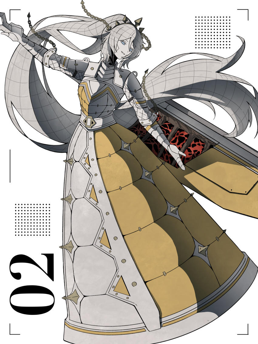 1girl, absurdres, android, armor, armored_dress, chain, colored_skin, commentary_request