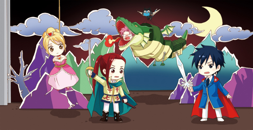 bondage, chibi, cloud, crescent_moon, dragon, erza_scarlet, fairy_tail, gray_fullbuster