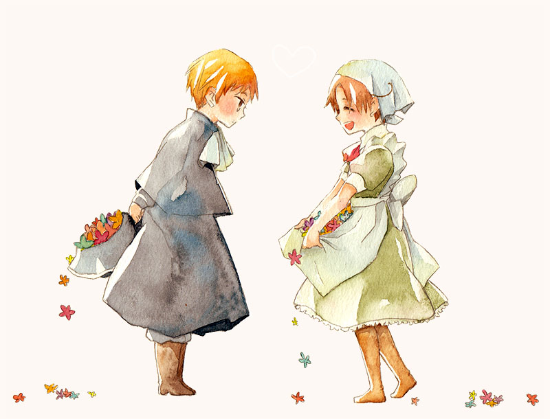 ahoge, apron, apron_lift, arms_behind_back, axis_powers_hetalia, blonde_hair, blush, boots