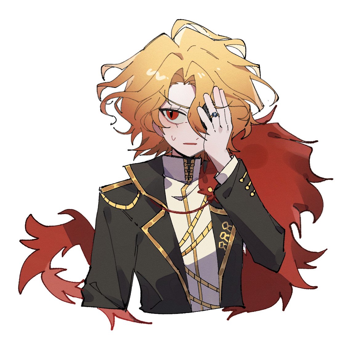 black_jacket, blonde_hair, don_quixote_(project_moon), hair_over_one_eye, hand_on_own_face, jacket, lihua_miliki, limbus_company