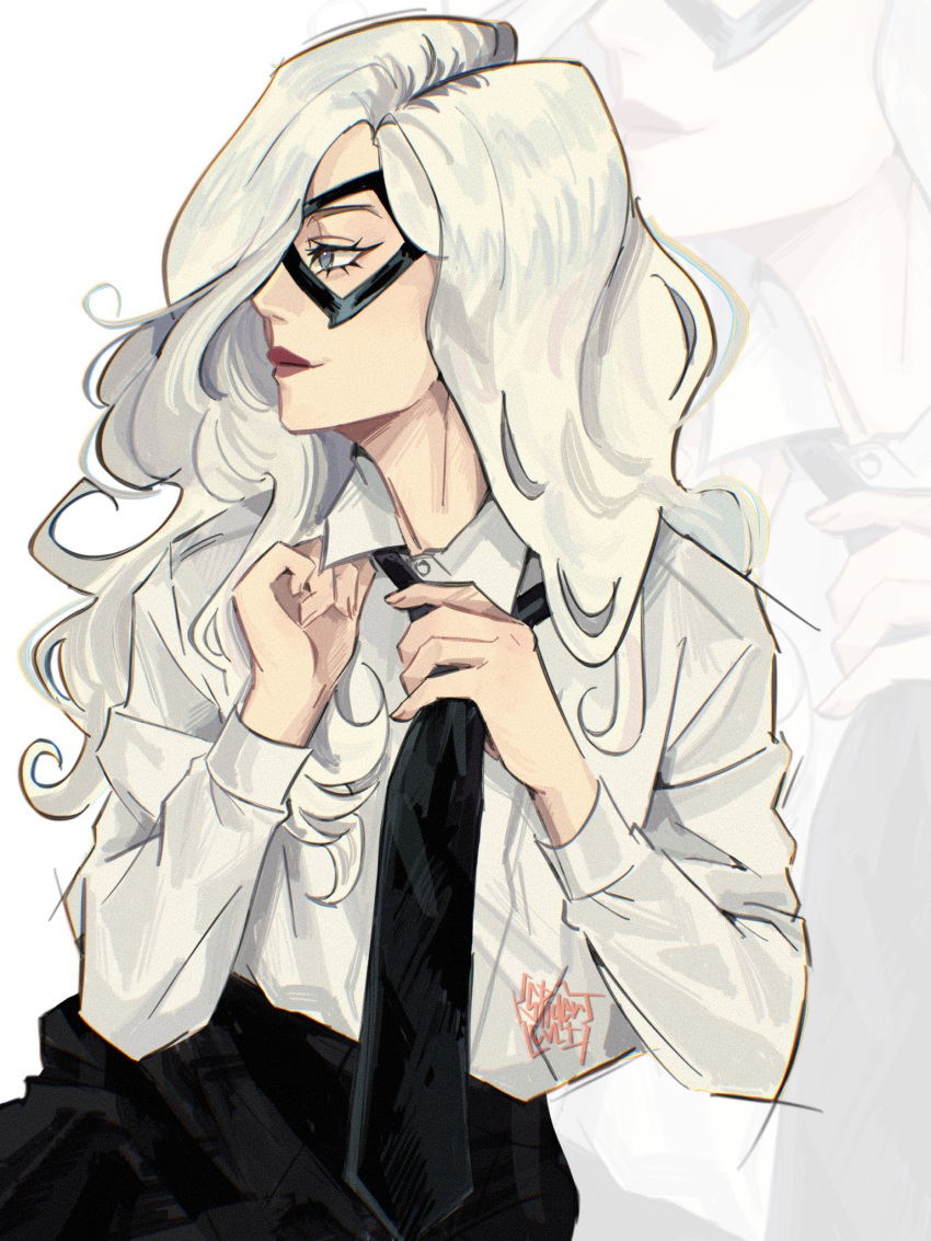 1girl, adjusting_clothes, adjusting_necktie, artist_name, black_cat_(marvel), black_eyes, black_mask, black_necktie
