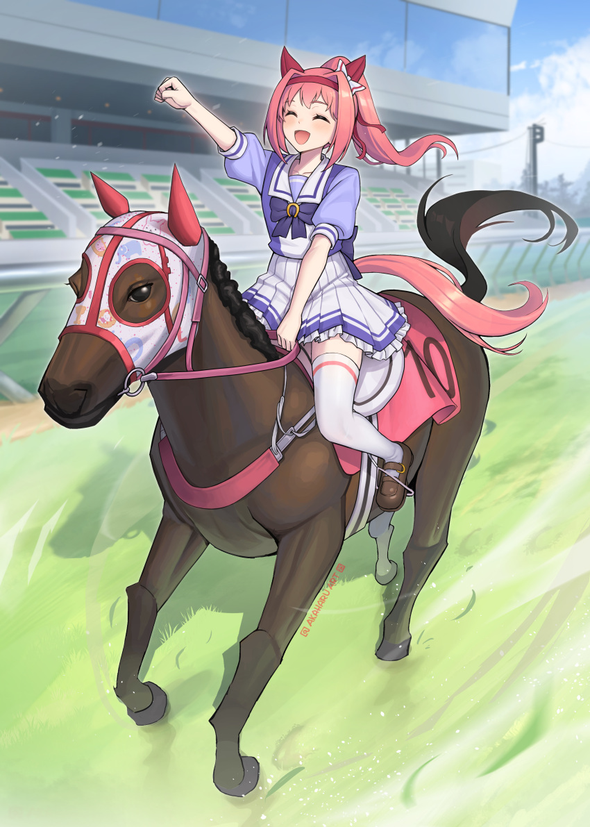 1girl, :d, ^_^, absurdres, akaharuu, animal, animal_ears, blue_sky, blush, bow, brown_shoes, building, clenched_hand, closed_eyes, clouds, commentary, creature_and_personification, day, ear_bow, ear_covers, floating_hair, frilled_skirt, frills, hairband, haru_urara_(racehorse), haru_urara_(umamusume), headband, highres, horse, horse_ears, horse_girl, horse_racing, horse_racing_track, horse_tail, horseback_riding, long_hair, open_mouth, outdoors, outstretched_arm, personification, pink_hair, pink_headband, pleated_skirt, ponytail, puffy_short_sleeves, puffy_sleeves, purple_bow, purple_shirt, real_life, red_headband, riding, sailor_collar, sailor_shirt, school_uniform, shirt, shoes, short_sleeves, skirt, sky, smile, tail, thigh-highs, tracen_school_uniform, umamusume, white_skirt, white_thighhighs