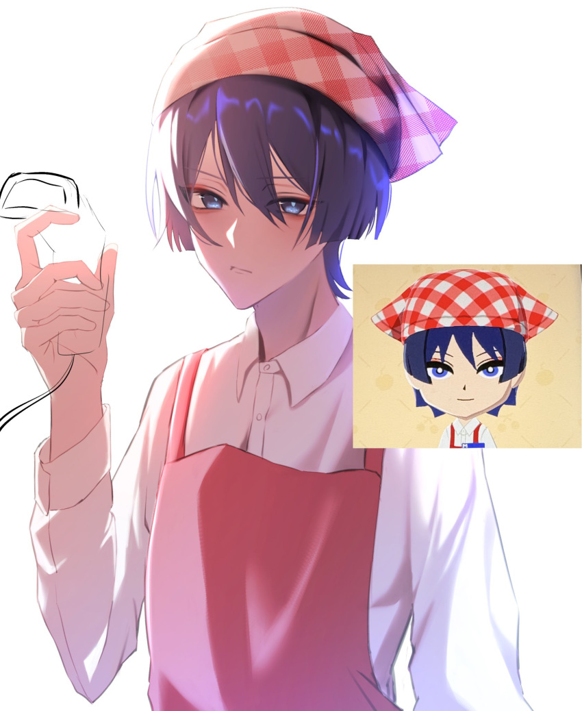 1boy, alternate_costume, apron, arm_at_side, black_eyes, black_hair, blue_pupils, blunt_ends