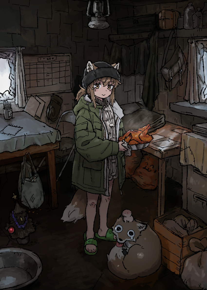 1girl, absurdres, animal, animal_ears, bare_legs, beanie, black_hat, calendar_(object), chicken_(food), christmas, commentary, crate, drawstring, ears_through_headwear, english_commentary, food, fox, fox_ears, fox_girl, fox_girl_(yihan_world), fox_tail, green_jacket, green_sandals, hat, highres, holding, holding_food, hood, hood_down, hooded_jacket, indoors, jacket, jacket_over_jacket, kitchen, lantern, mini_christmas_tree, original, ponytail, sandals, smile, solo, standing, steam, table, tail, window, yihan_world