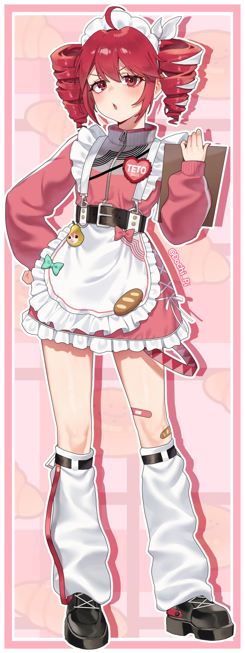 1girl, absurdres, ahoge, apron, baguette, bandaid, belt, black_boots, boots, bow, bread, clipboard, commentary_request, dochi_pi, drill_hair, eyelashes, food, frilled_apron, frilled_skirt, frills, fruit, hair_between_eyes, highres, holding, holding_clipboard, kasane_teto, kasane_teto_(sv), korean_commentary, looking_at_viewer, open_mouth, pear, pearto, red_eyes, red_hair, signature, skirt, suspenders, synthesizer_v, twin_drills, utau
