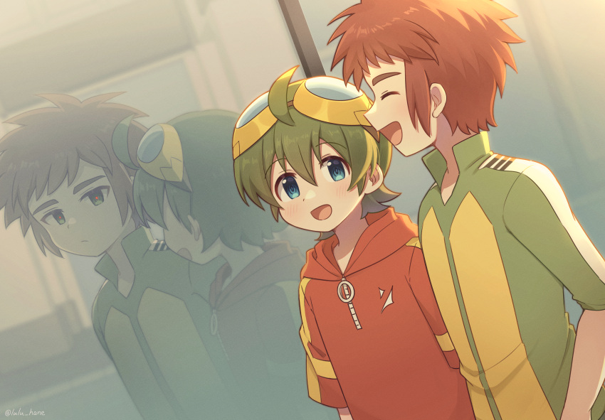 2boys, absurdres, ahoge, blue_eyes, closed_eyes, closed_mouth, commentary_request, different_reflection