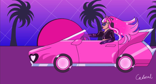 1girl, bow-shaped_hair, car, caramelcoconuts, cookie_run, cookie_run:_ovenbreak, cropped_jacket, driving, female, glitter, glitter_in_hair, hair_blowing, headset, long_hair, multicolored_hair, pink_hair, shining_glitter_cookie, sunglasses, supercar