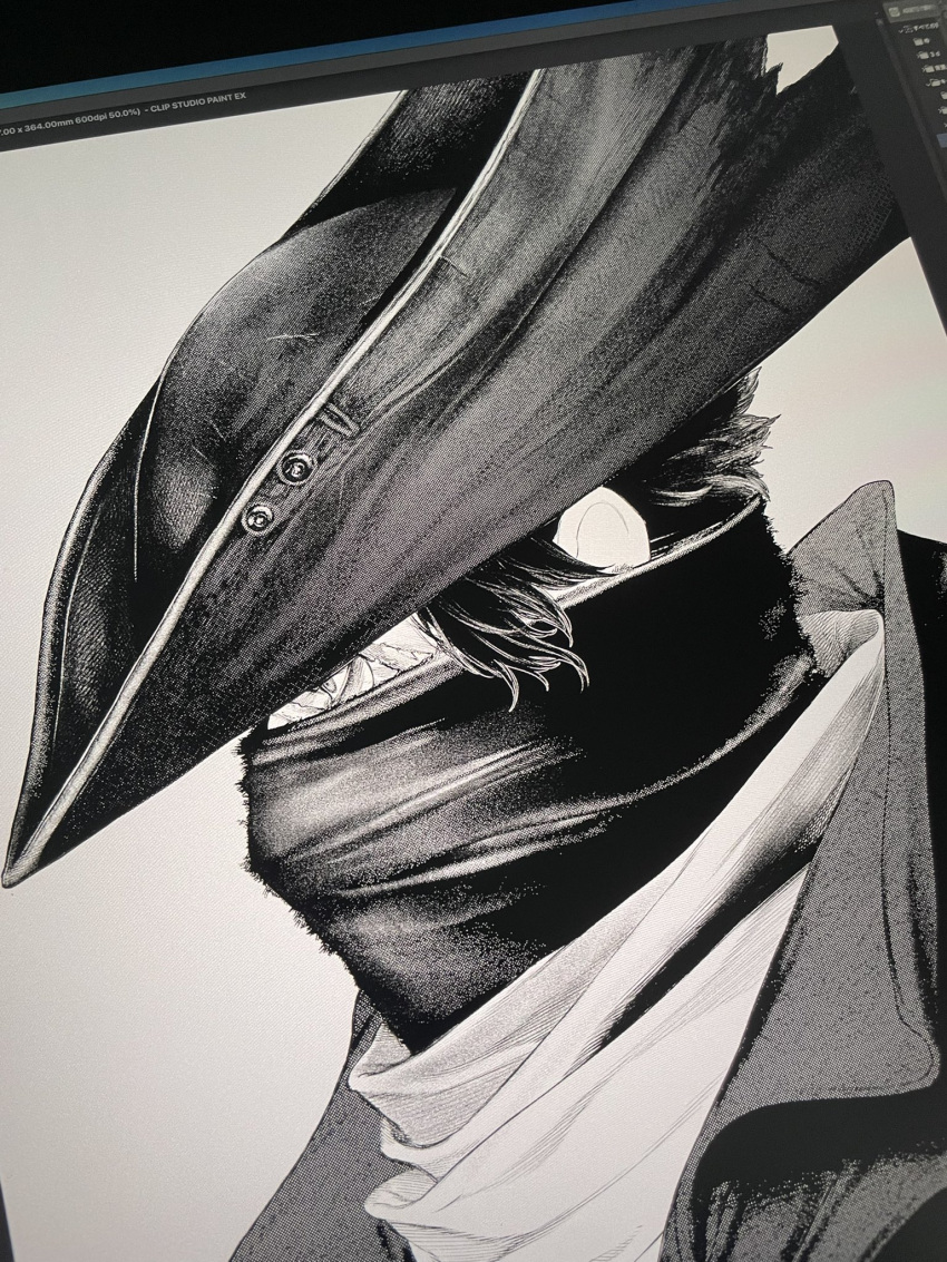 1boy, black_hair, bloodborne, from_side, hat, highres, hunter_(bloodborne), looking_to_the_side