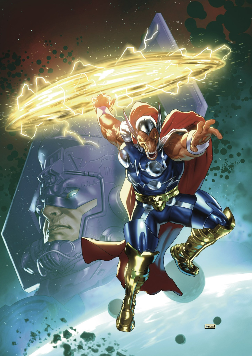 2boys, alien, armor, armored_boots, asteroid, beta_ray_bill, blue_bodysuit, blue_eyes, blurry, bodysuit, boots, cape, colored_skin, comic_cover, commentary, cover, cover_page, covered_pectorals, crackling_energy, depth_of_field, english_commentary, fake_horns, fantastic_four, galactus, glowing, glowing_eyes, grey_helmet, helmet, highres, holding, holding_weapon, horned_helmet, horns, imminent_attack, kirby_dots, kirby_krackle, male_focus, marvel, motion_blur, multiple_boys, muscular, muscular_male, no_pupils, official_art, orange_skin, pectorals, planet, purple_helmet, reaching, reaching_towards_viewer, realistic, red_cape, space, spinning_weapon, square_pupils, superhero_costume, taurin_clarke, teeth, textless_version, thor_(marvel)_(series), veins, veiny_arms, weapon, western_comics_(style), winged_helmet, yellow_armor, yellow_boots, yellow_eyes