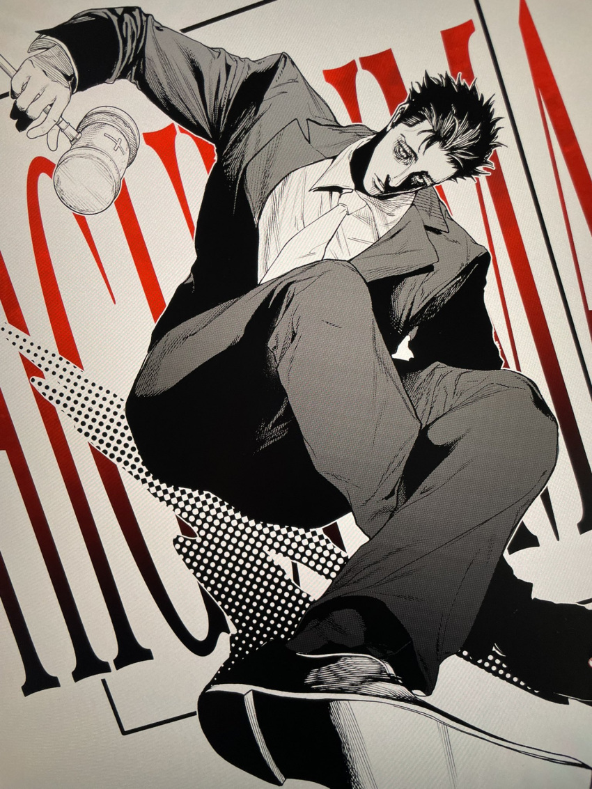 black_hair, black_pants, black_suit, commentary_request, crossed_legs, full_body, hair_slicked_back, highres