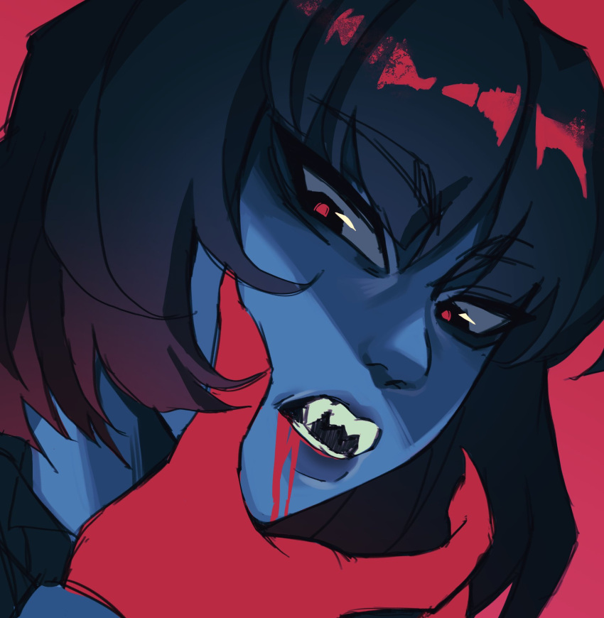 1girl, black_hair, blood, blood_from_mouth, blood_on_face, bob_cut, close-up, deadlock_(game)