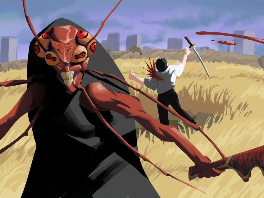 1boy, black_hair, black_pants, blood, blood_on_clothes, bug, cityscape, cockroach